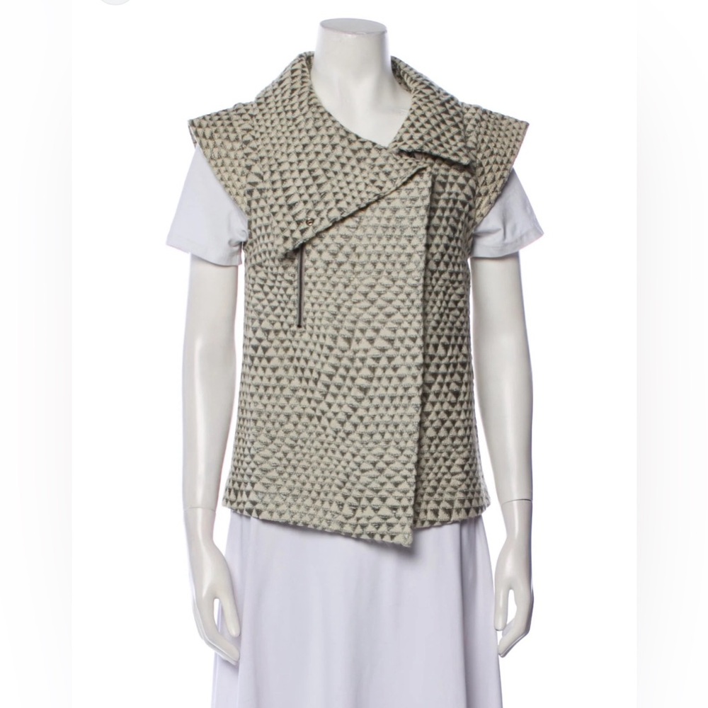 SUNO Geometric Moto Vest Small Cream Gray Textured Designer Statement Jacket